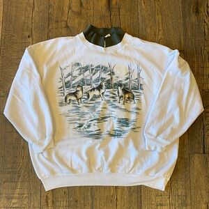 White Graphic Crew Neck Sweater with wolf